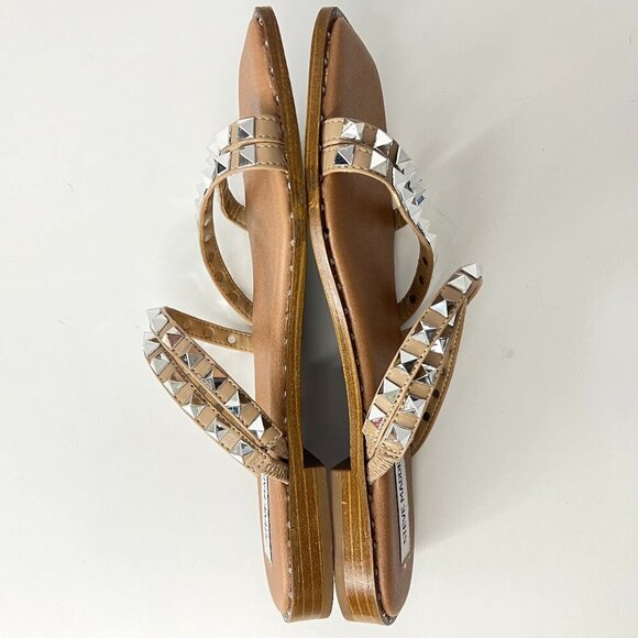 NWOT Sz 8.5 - Steve Madden Skyler Silver Stud 4-Strap Tan Slip-On Sandals - Picture 8 of 13